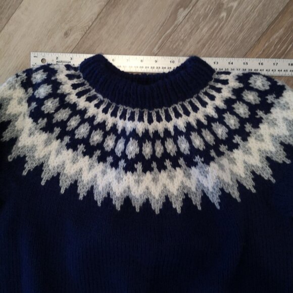 Vintage Wool Fair Isle Sweater Hand Knit Chunky Blue White Men's M Wom L Lovely - Picture 6 of 16